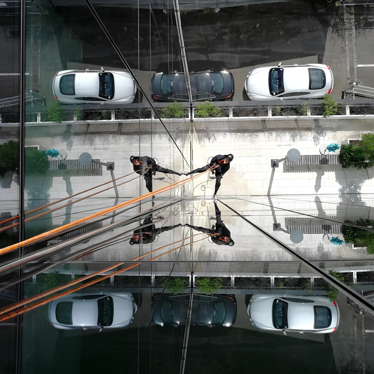 Rope access technicians reflected in a glass facade